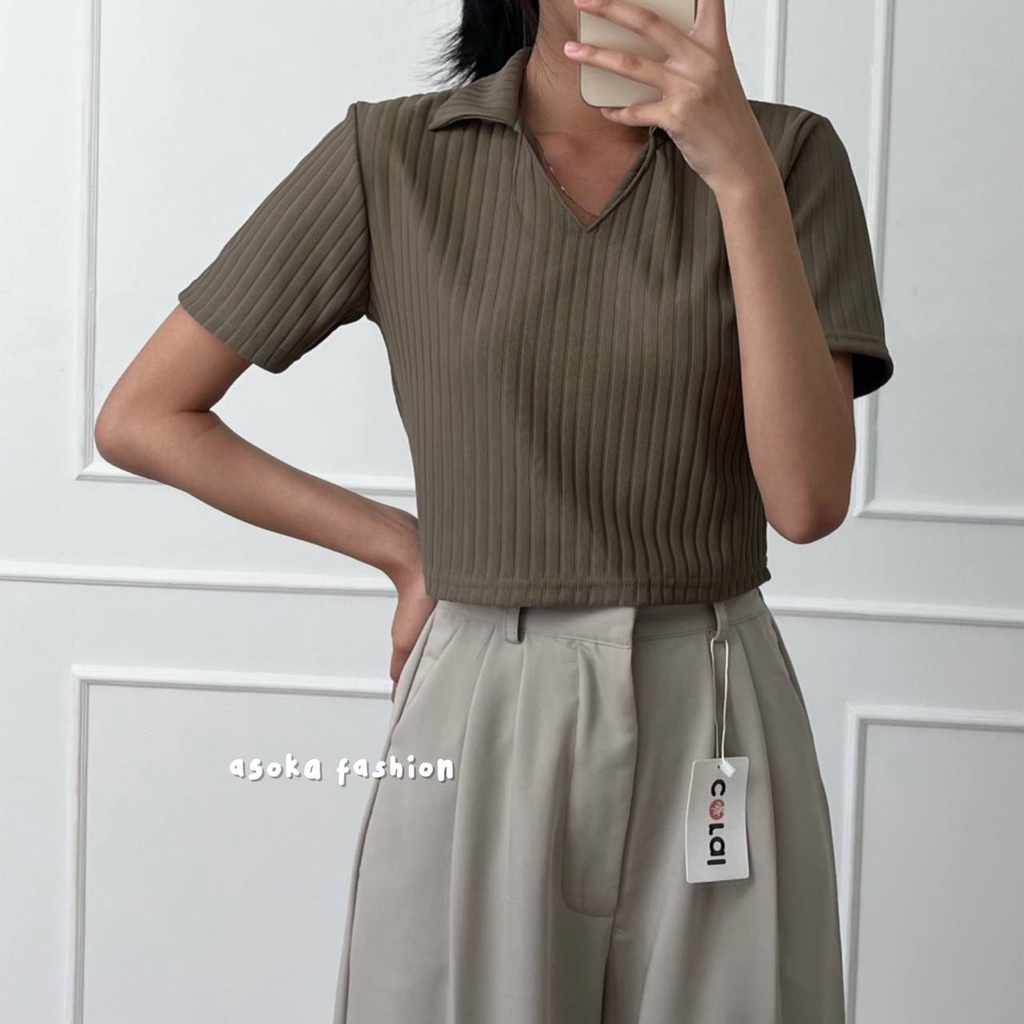 Lily Top 260 - Kaos Knit Rib - Kaos Pendek Wanita - Kaos Polo Crop-Olive