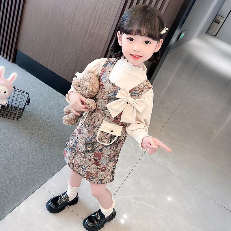 【Baru Datang】(0-4 Tahun )QZ-114 Dress Anak Cewek Gambar Bear 1 set dengan Pita disamping Elegan premium TERMURAH