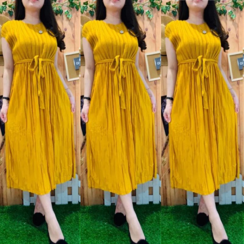 Long Dress Wanita Plisket Tanpa Lengan/Dress Viral 2023/Dress Wanita/Pakaian Wanita/Dress Terlaris-MUSTARD