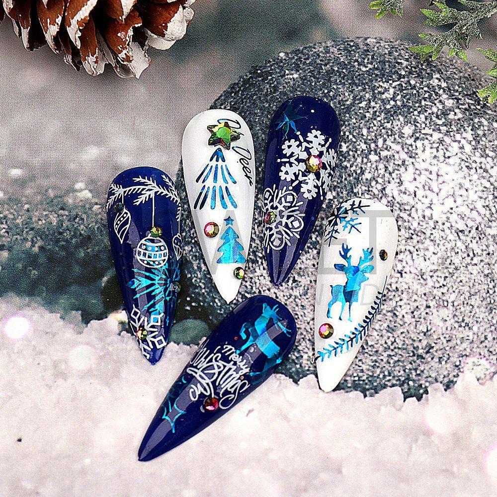 AUGUSTINA Agustina Natal Stiker Kuku Perekat Diri Warna-Warni Hologram Wanita DIY Perekat Diri Manikur Aksesoris Snowman Nail Tip Slider