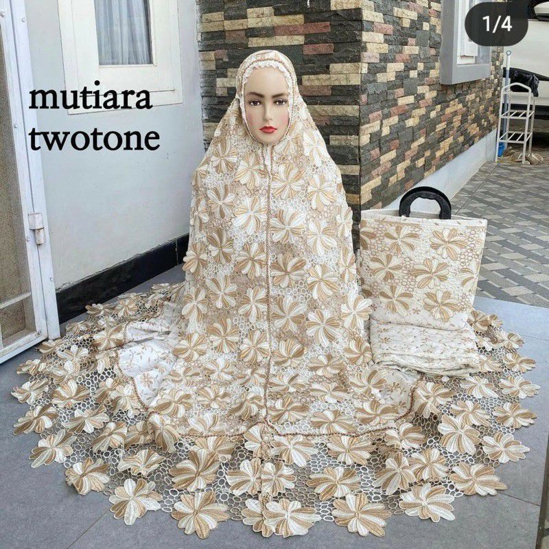 Mukena Dewasa Brukat Sutra Paris Prada Putih Mewah Premium