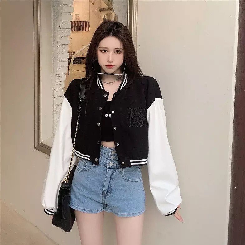 Jaket Baseball Crop | Korean Style Varsity | Pakaian Wanita | Jaket Wanita | Bahan Fleece | Allsize