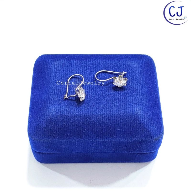 Anting Perak Asli Silver 925 Lapis Emas Putih Model Kait 1 Permata bunga / Model Asur - Perhiasan Perak Wanita