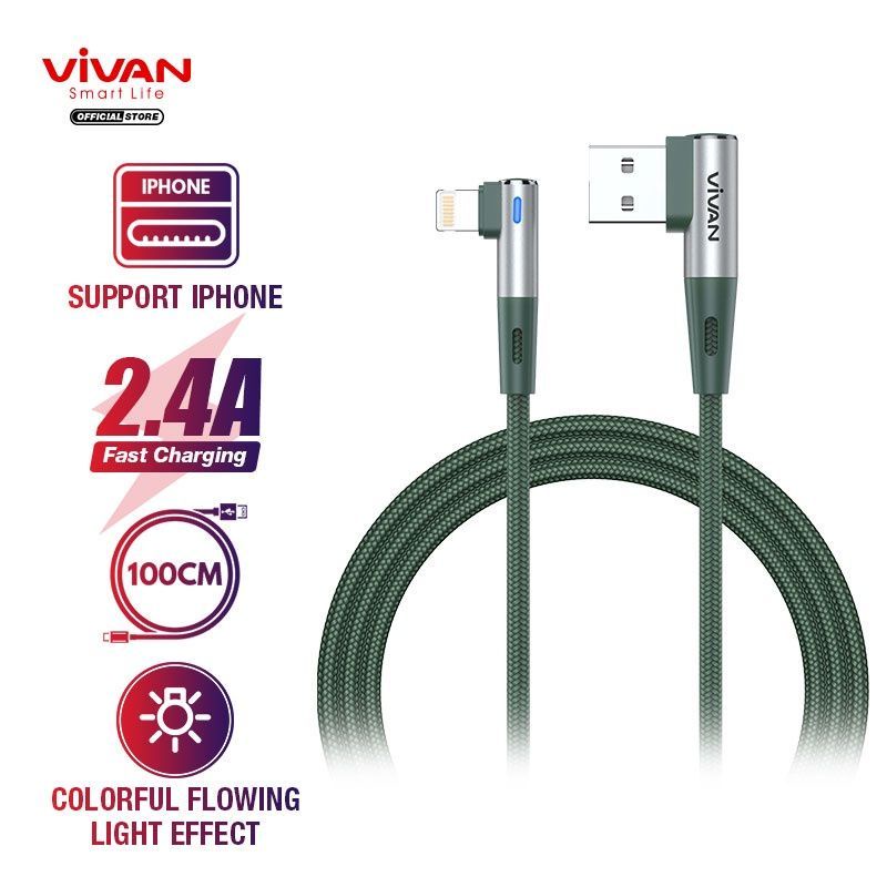 VIVAN Charger iPhone Lightning Kabel Data Gaming 90 Elbow BWL100S 2.4A