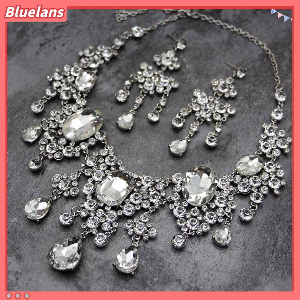 2pcs / Set Kalung Anting Rumbai Full Berlian Imitasi Untuk Pengantin