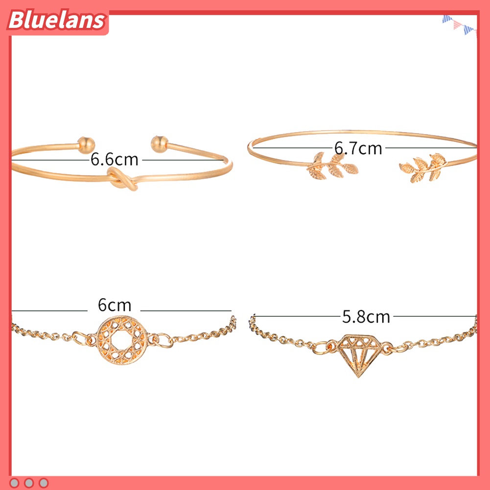 4pcs / Set Gelang Bangle Model Terbuka Bentuk Daun Simpul Berlian Gaya Retro Untuk Wanita