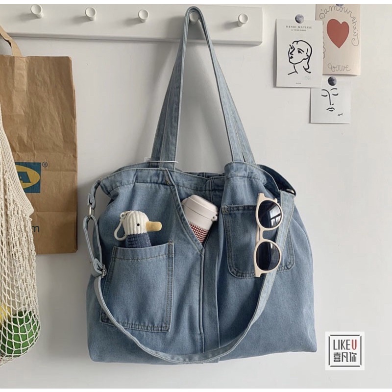 KOREAN JEANS COMPARTABLE BAG / Tas Korea Besar / Totebag Serbaguna / Big Tote Bag Jeans / Tas Laptop