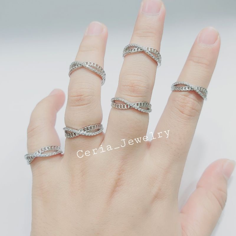 Cincin Perak Asli Silver 925 Lapis Emas Model Permata Gelombang Variasi Rantai Polos - Perhiasan Perak Wanita