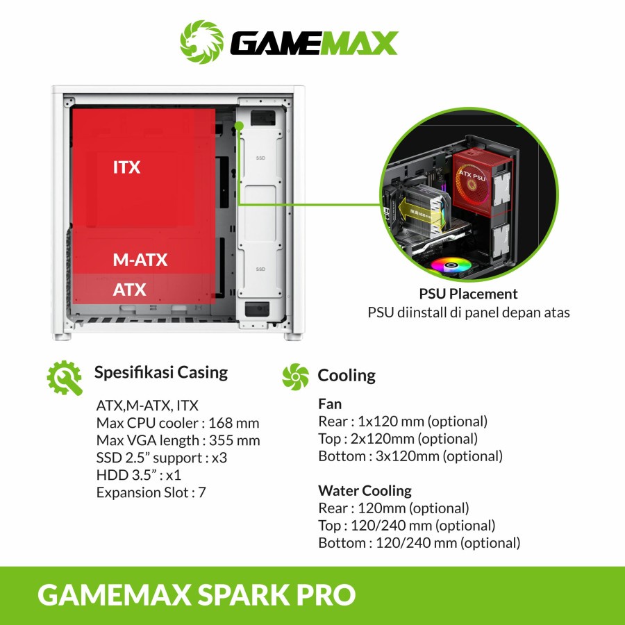 GameMax Spark Pro ATX Gaming PC Case - White