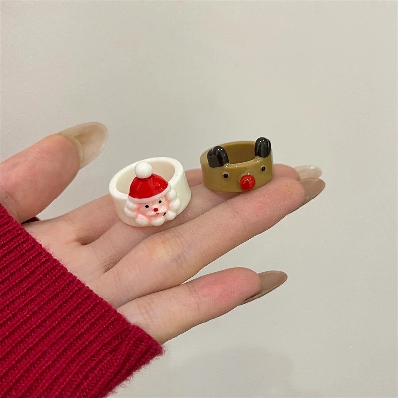 Cincin Desain Kartun Santa Claus Elk Bell Warna-Warni Gaya Vintage Untuk Unisex