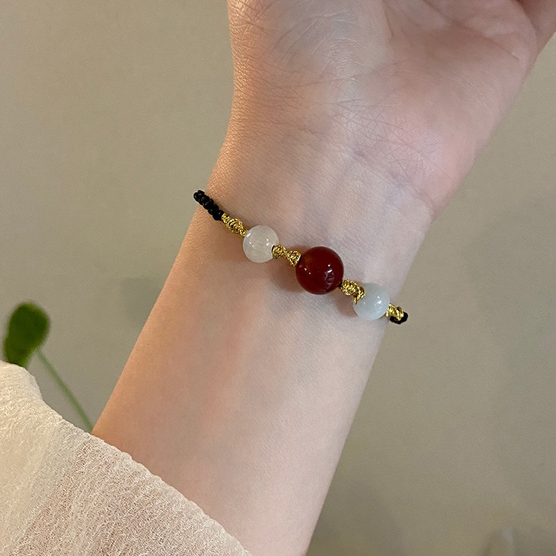 Magic789 Kalung / Gelang Tangan Tali Anyam Aksen Batu Agate Merah Untuk Pasangan / Pria / Wanita