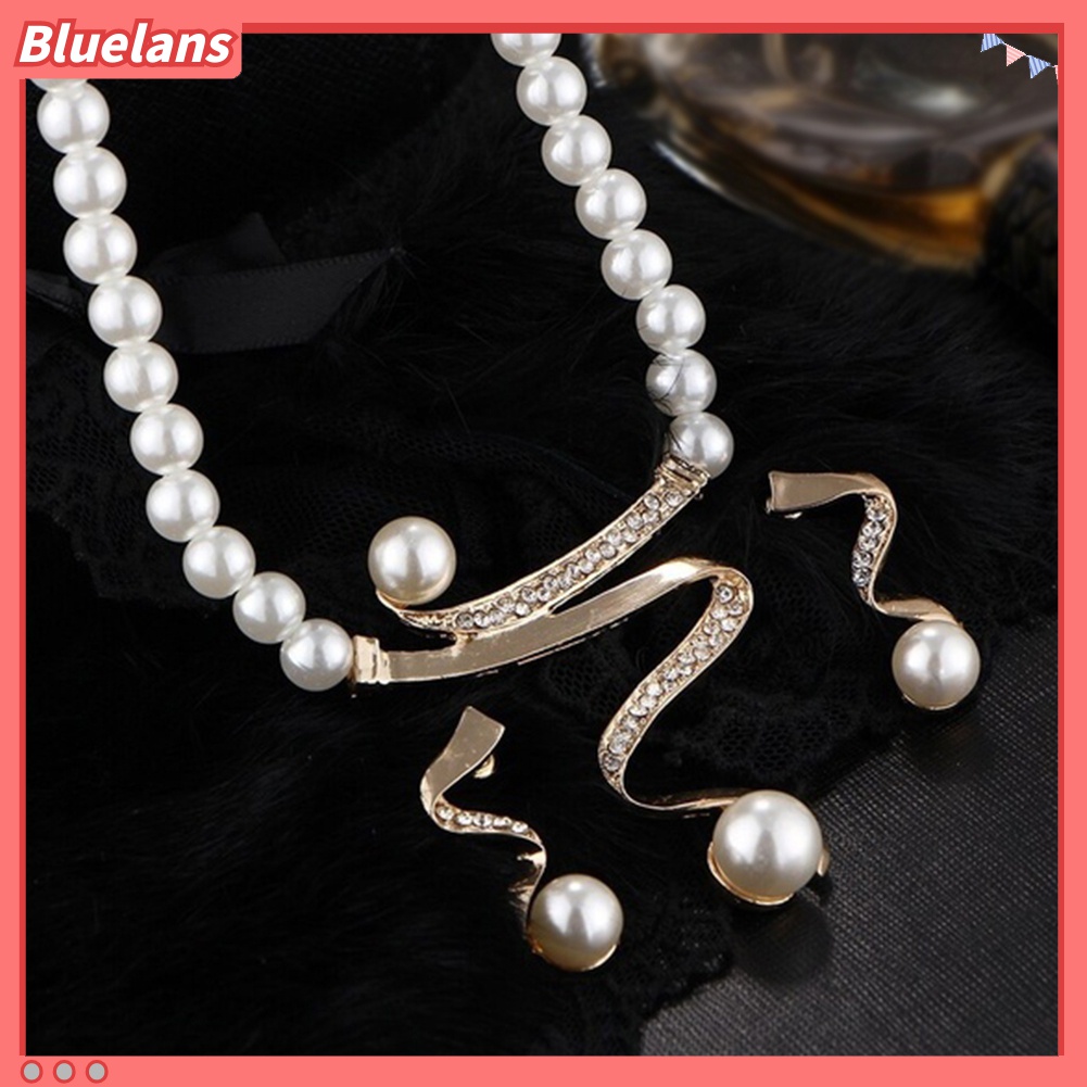 Set Perhiasan Kalung Anting Stud Manik-Manik Mutiara Berlian Imitasi Untuk Pengantin Pernikahan