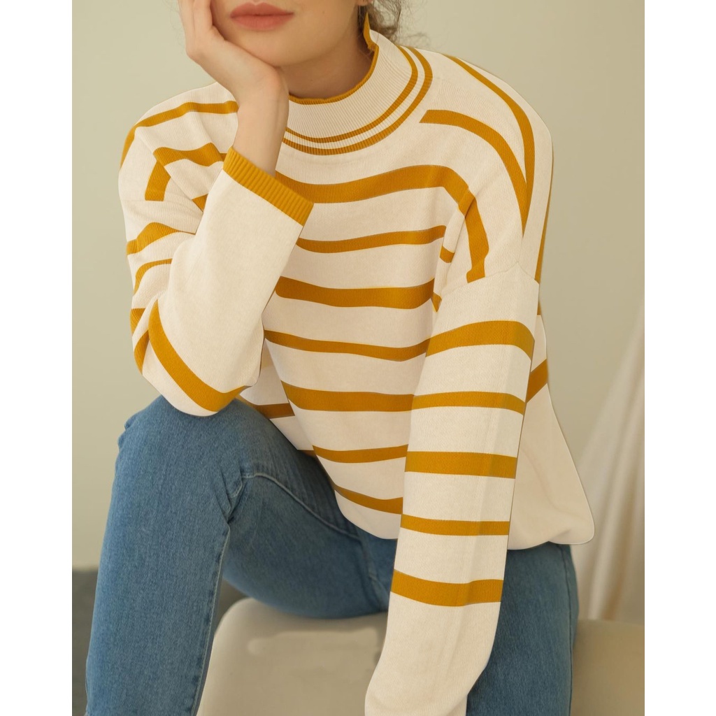 COLOURFUL TURTLENECK STRIPY || JEANY HARU KNIT OVERSIZED RAJUT SETRIP- premium knit - terbaru - cardigan - sweater