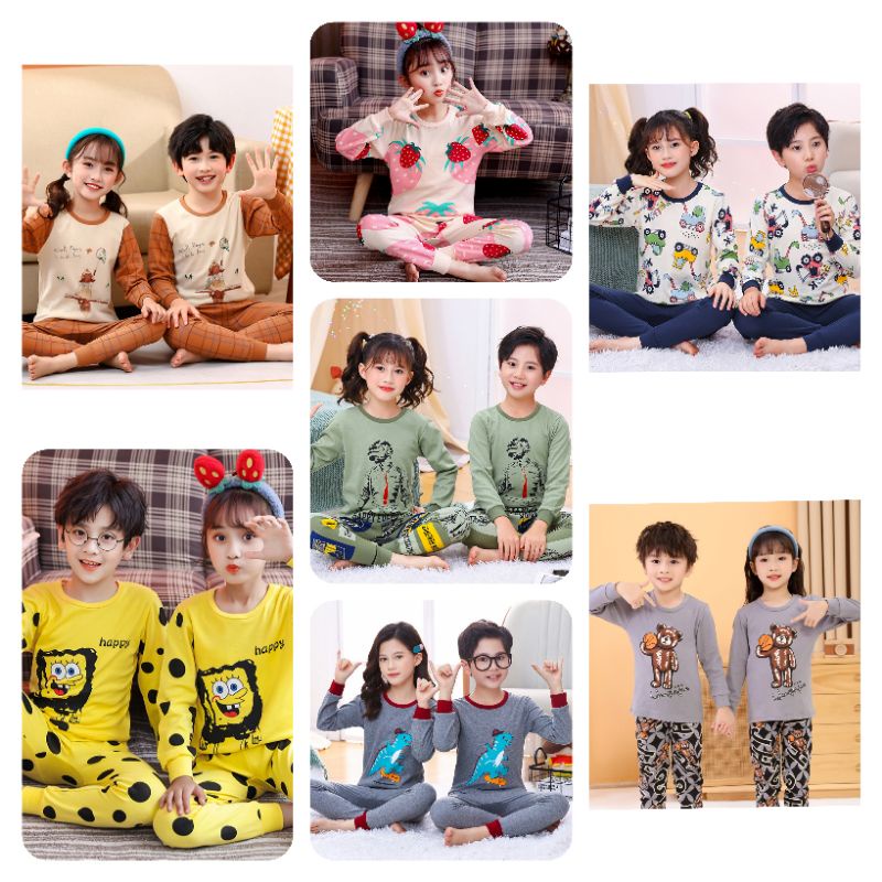 1-12 TAHUN SETELAN PIYAMA ANAK COUPLE IMPORT / BAJU TIDUR BAYI ANAK-ANAK IMPORT LENGAN PANJANG