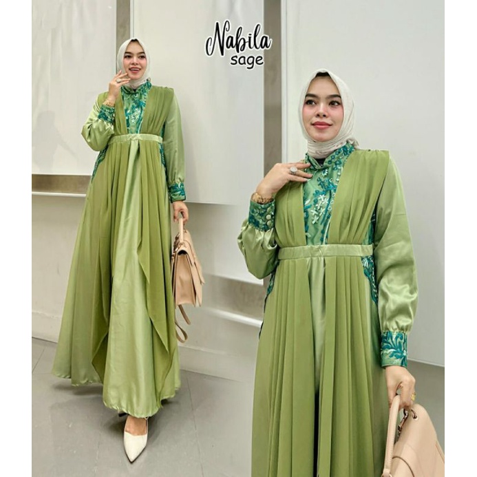 Nabila Maxy, GAMIW PESTA/GAMIS KONDANGAN SUPER CANTIK MEWAH MODIS MURAH FIT XXL LD 110 BAHAN SATIN VELVET MIX CERRUTY BABYDOLL OOTD