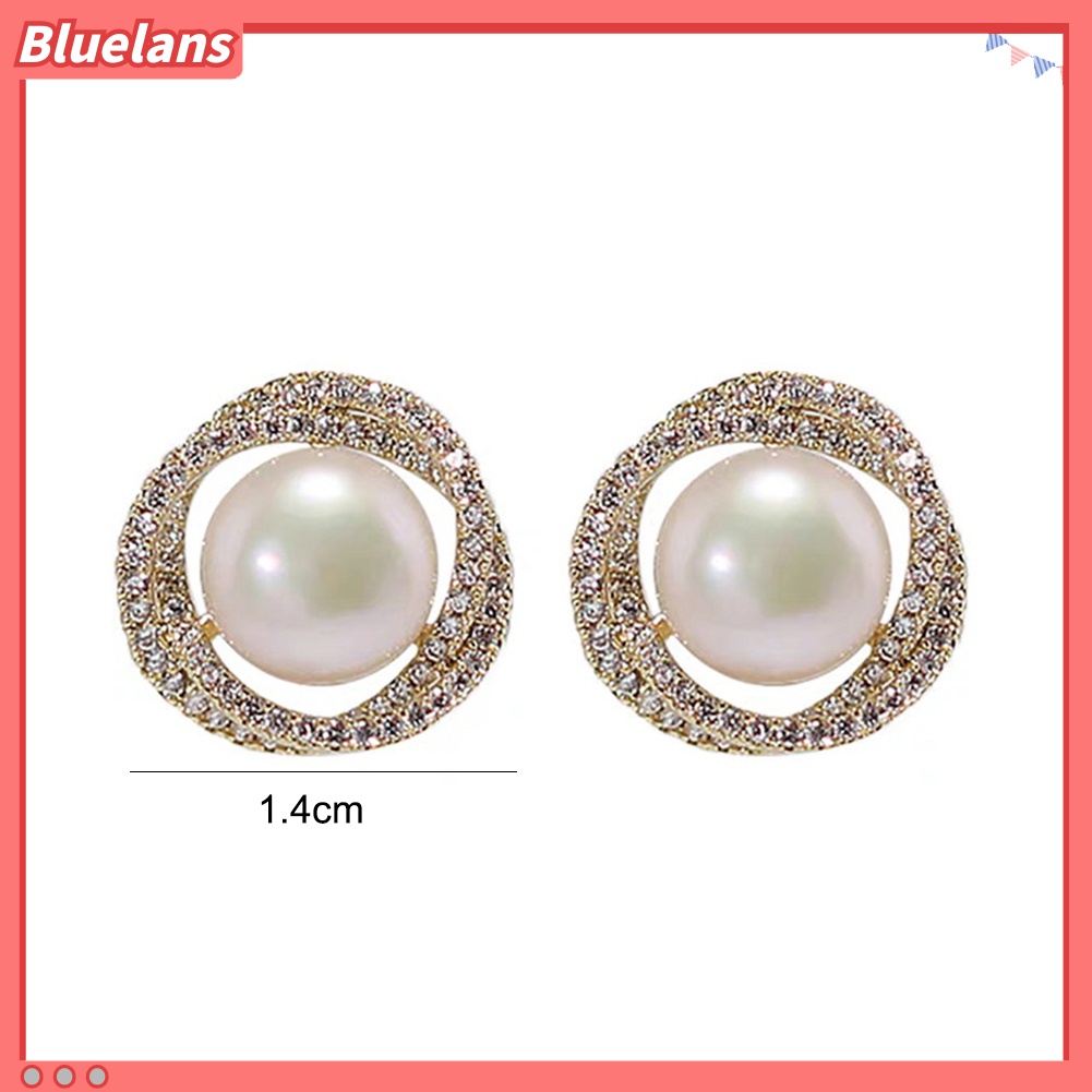 Anting Stud Silver Plated Bentuk Bulat Aksen Mutiara Tiruan Untuk Wanita