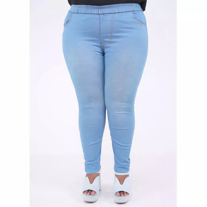 Celana jeans jumbo wanita pinggang kolor karet jeging jeans leging jeans jumbo big size