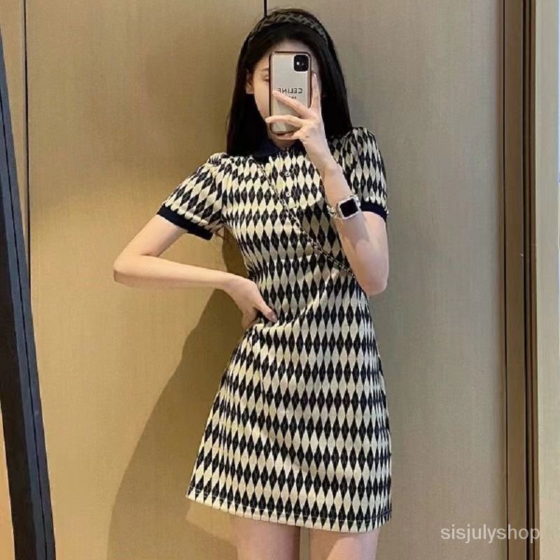 #Sisjuly# Gaun rajutan belah ketupat temperamen retro wanita POLO kerah dupa angin kecil rok A-line