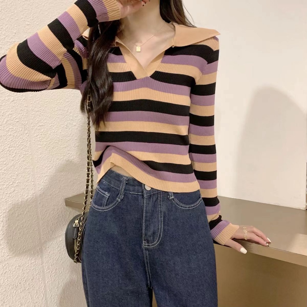 Rajut Stripe Shirt Wanita Baju Garis Garis Wanita Lengan Panjang