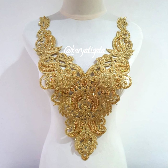 Bordir Renda Bordir Kerah V Neck Full Payet - Emas