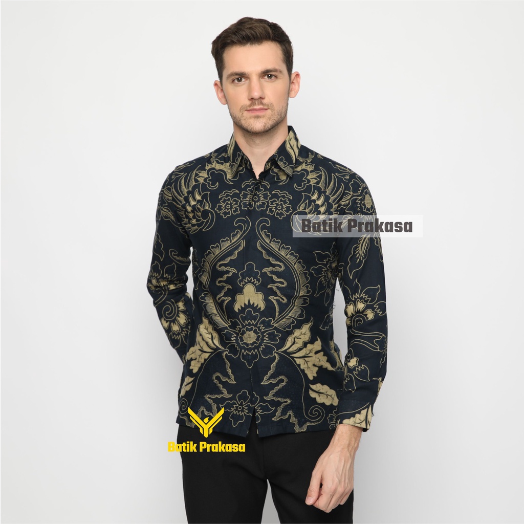 Kemeja Batik Prakasa Motif Bhadrika Navy Slimfit Lengan Panjang Batik Solo