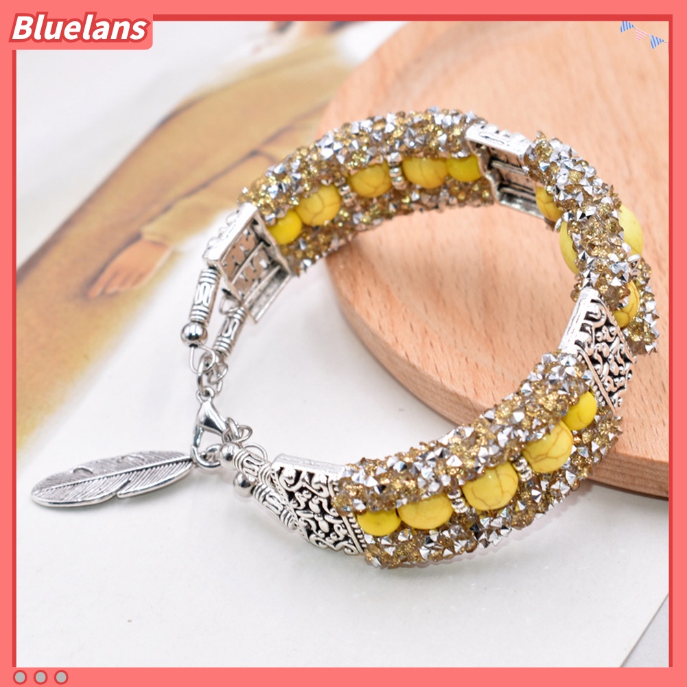 Bluelans Vintage Women Faux Turquoise Beads Rhinestone Carved Bracelet Bangle Jewelry