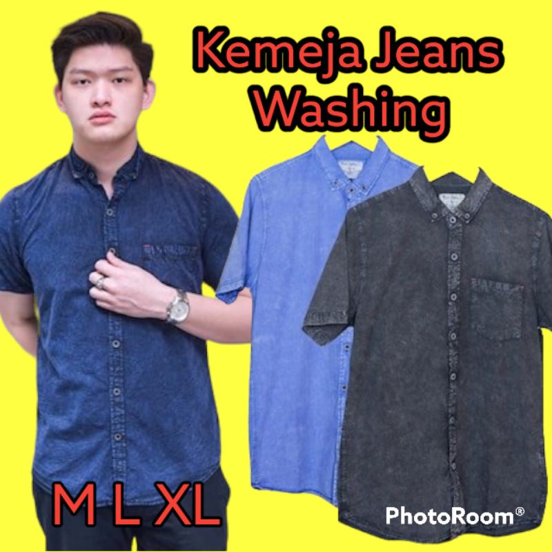 Kemeja jeans pendek premium hem jean washing pria keren kekinian sandwash fashion denim cowok distro
