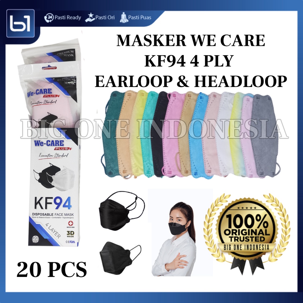 Masker KF94 4ply Box isi 20 Pcs Earloop Mix Warna Warni, We Care KF 94 4ply Headloop, Korea Mask 4pl