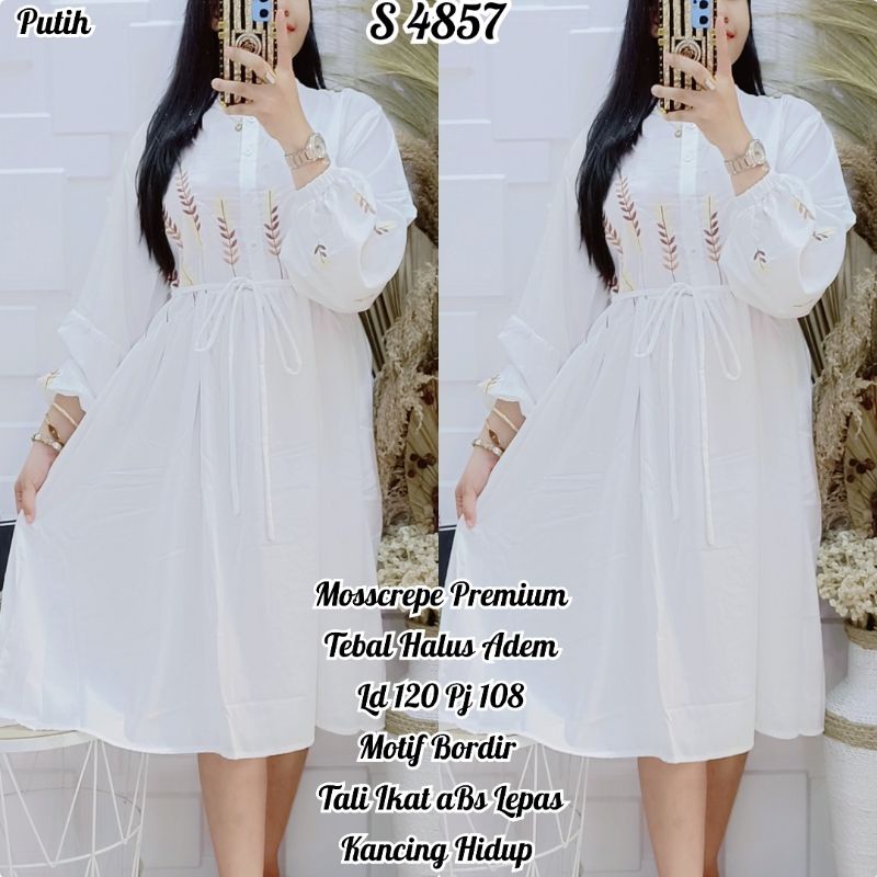 4857 #Long Tunik Mosscrepe premium warna  Putih Bordir  4L