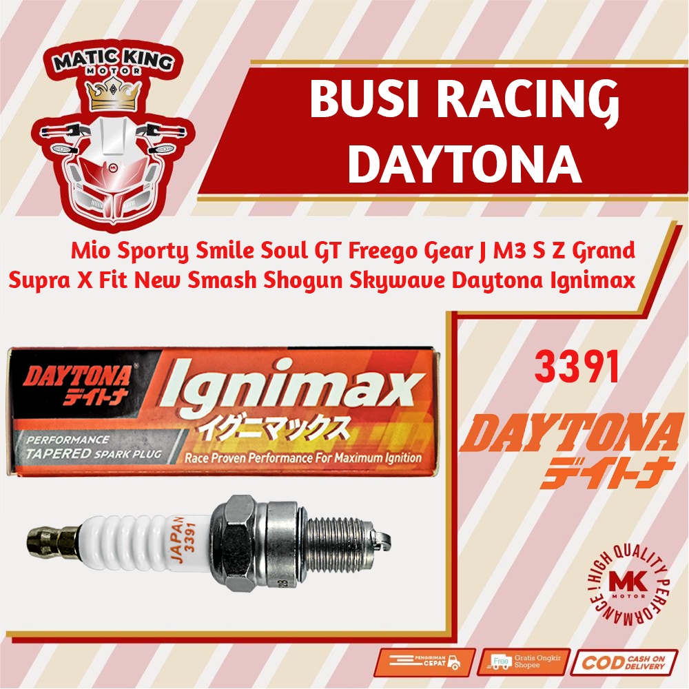 Busi Racing Mio Sporty Smile Grand Supra X Lama Fit New Jupiter Z Vega ZR M3 S Z X-Ride Fino Freego Smash Skywave drive Shogun Spin Gear Fazzio 100 125 DAYTONA IGNIMAX 3391