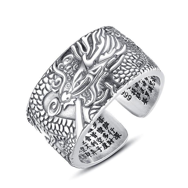 2022 Cincin Terbuka Adjustable Lapis Silver Motif Print Naga Gaya Hip Hop Untuk Pria