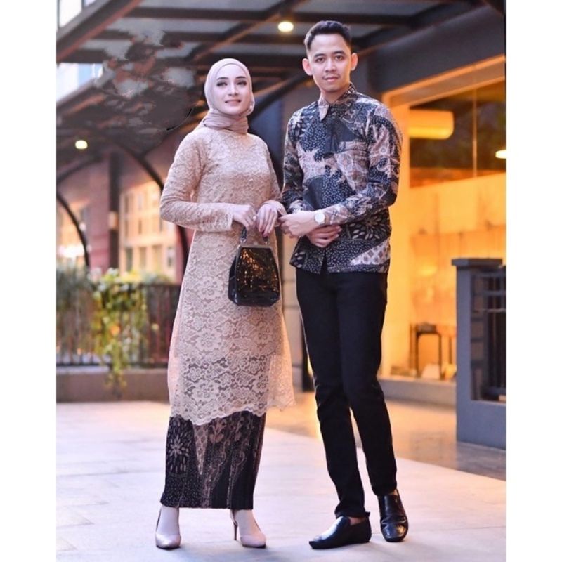 Permata Olshop / Setelan Kebaya Tunik Brukat Couple Kemeja Batik / Kebaya Couple Tunangan / Kebaya Lamaran Couple Batik / Serimbit Kebaya Modern