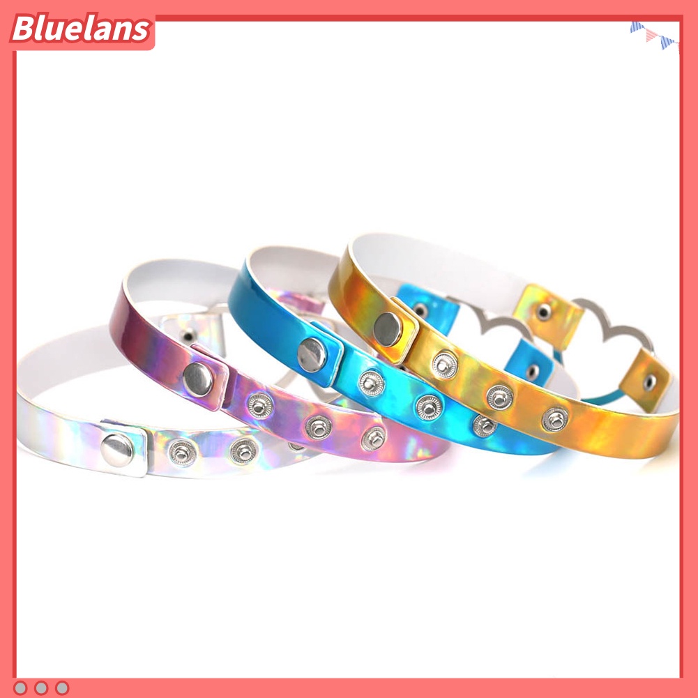Bluelans Kalung Choker Bahan Kulit Imitasi Aksen Hati Logam Model Terbuka Holografik Untuk Wanita