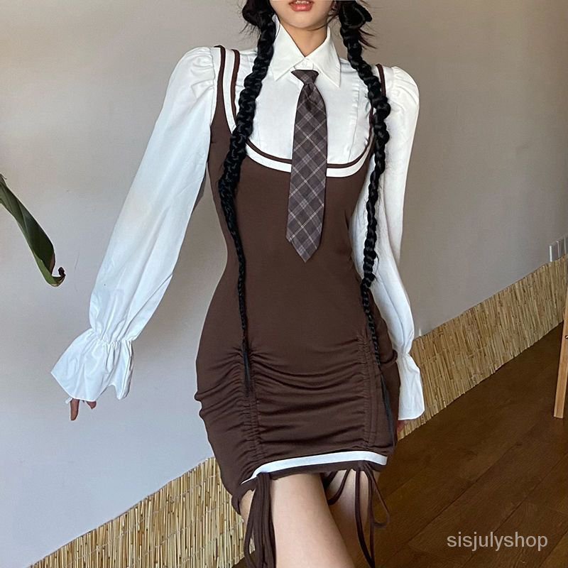 Hot Girl Serut Lipit Dress Wanita + Lengan Berkobar dan Dasi Pendek Top Dua Potong Set