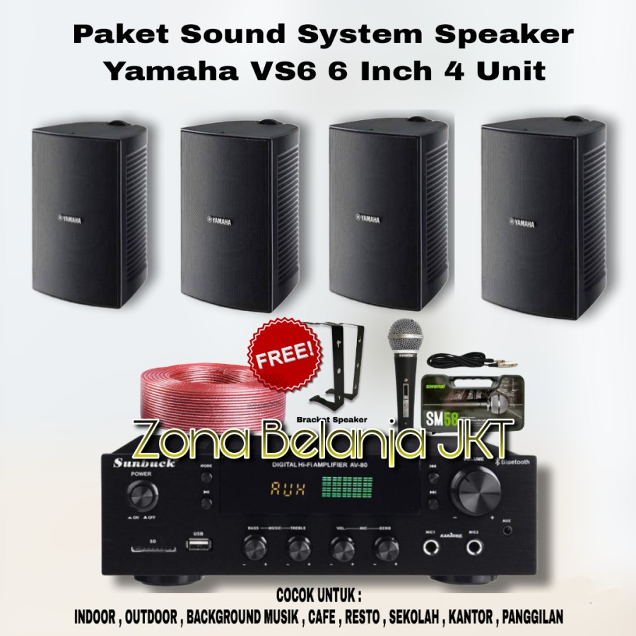 PAKET SOUND SPEAKER YAMAHA VS6 6 INCH SPEAKER CAFE RESTO KARAOKE 4 SPEAKER AMPLIFIER USB BLUETOOTH MIC ( YM-1 )