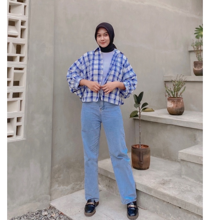 Viona/tamara/cheesy batwing kancing flanel tartan oversize