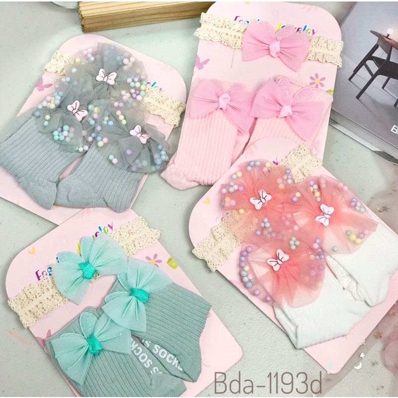 set kaos kaki anak + bando bandana renda premium kid socks fashion set