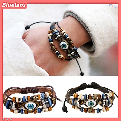 Bluelans Unisex Handmade Turkish Eye Faux Leather Adjustable Bracelet Wristband Jewelry