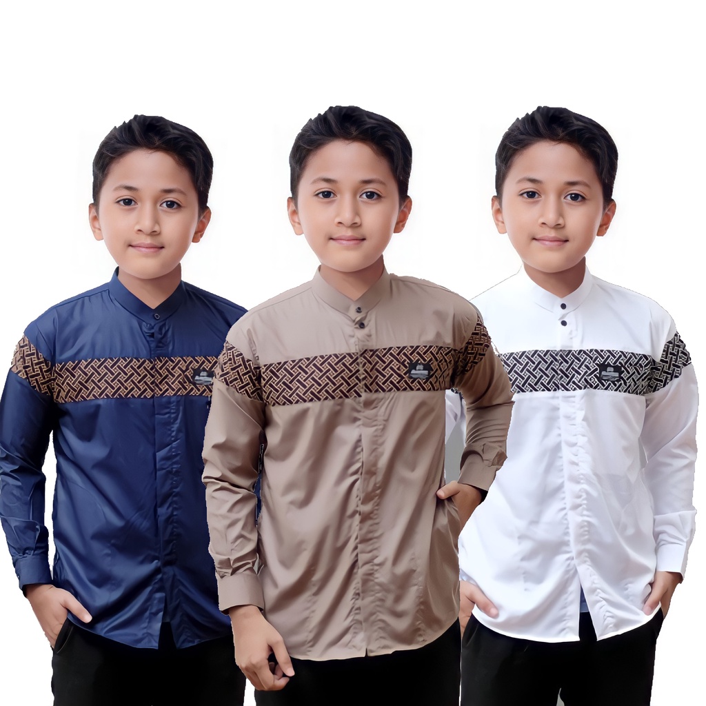 Baju koko anak laki laki kombinasi batik lengan panjang motif kobata warna coksu atasan SD-SMP pakaian pria junior umur 5-12 tahun baju koko murah koko hadroh azzahir