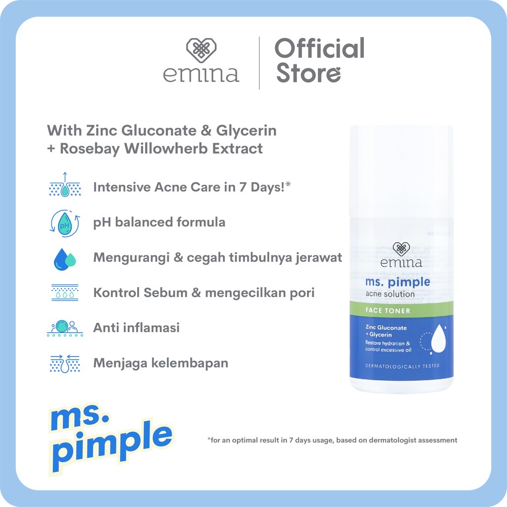 EMINA Ms. Pimple Acne Solution Face Toner Indonesia / Pelembab Wajah 50ml 100ml / Zinc Gluconate + Glycerin / Restore Hydration &amp; Control Excessive Oil / Kulit Jerawat Berjerawat / Skincare Face Care Facial Cleanser Cleansing Penyegar Muka Bersih / Series