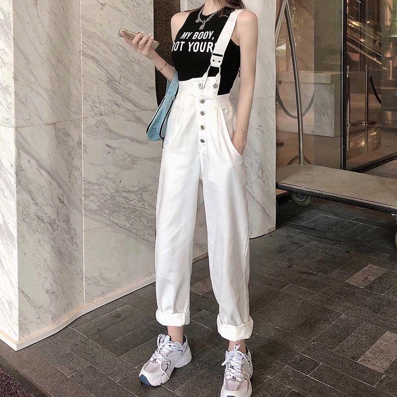 Jumpsuit Denim Korea Fashion Style Tali Ikat Celana Kodok Baru Celana Jean Santai Jumpsuit High Waist