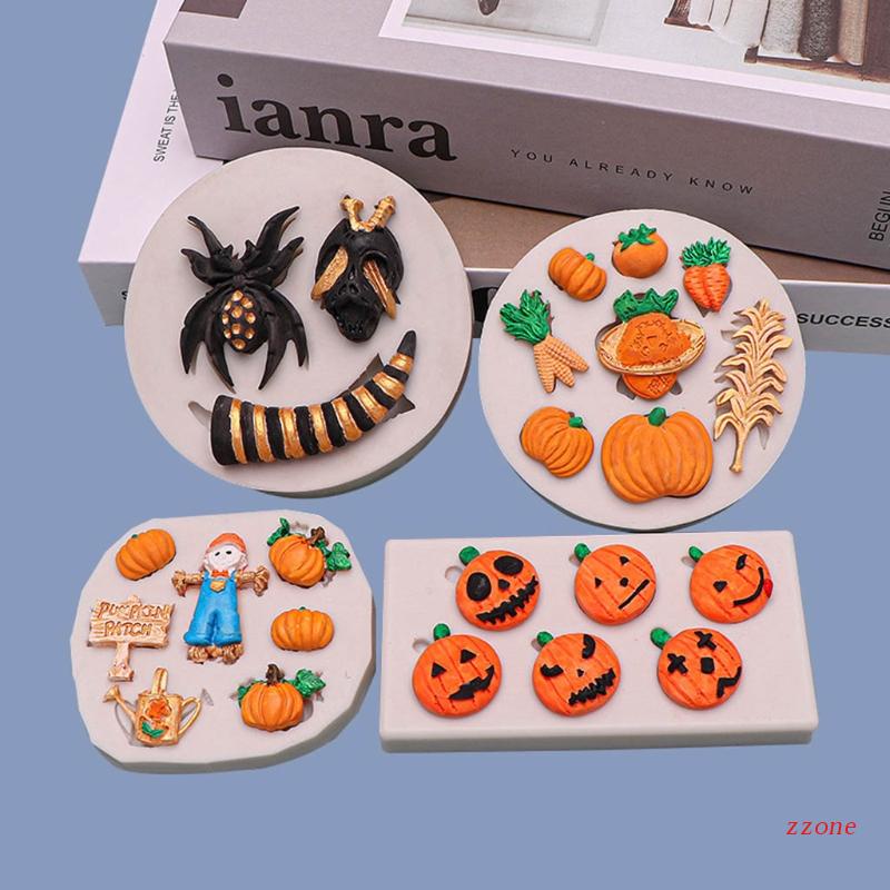 Zzz 4pcs / Set Cetakan Fondant Bahan Silikon Desain Labu / Orang-Orangan Sawah Untuk Halloween