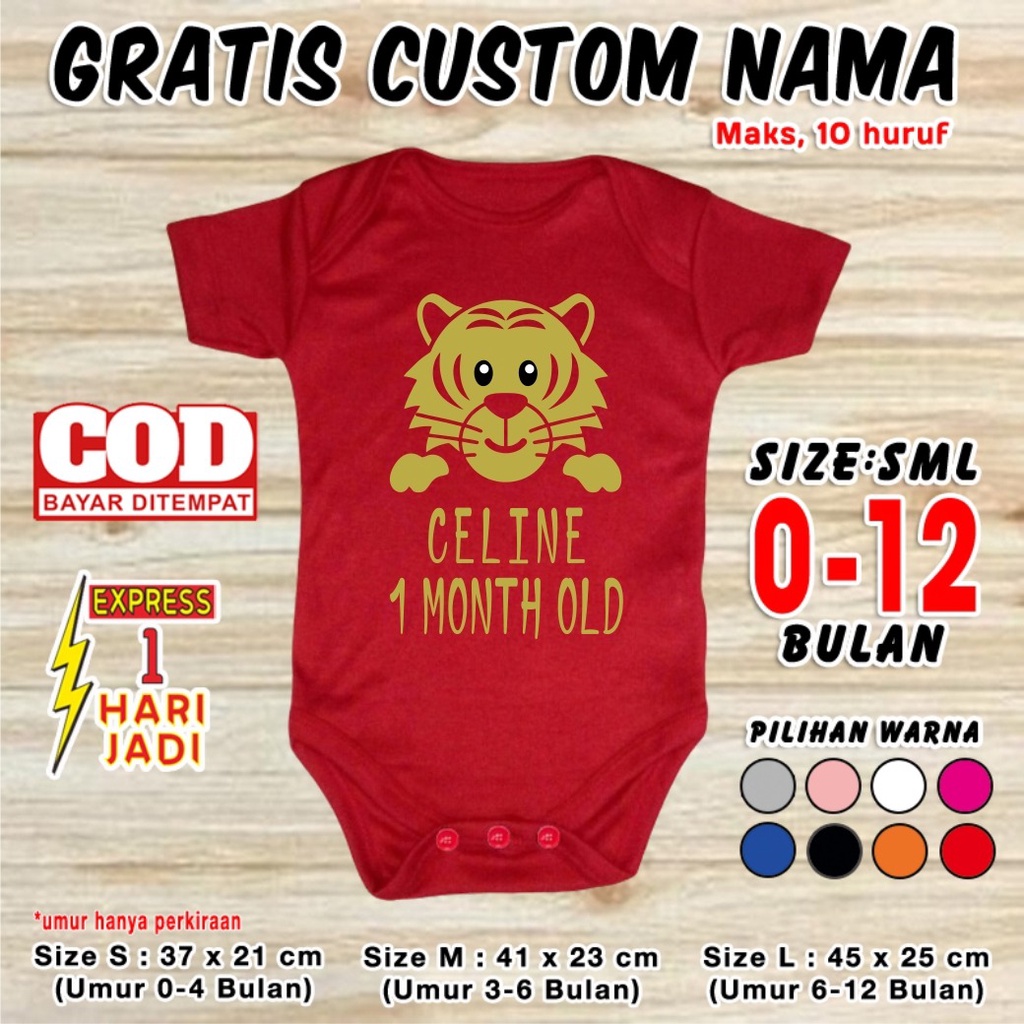 Baju Bayi TIGER 1 Month Old GRATIS CUSTOM NAMA Jumper Baby 1 Bulan Satu Bulanan Set Pakaian Merah On