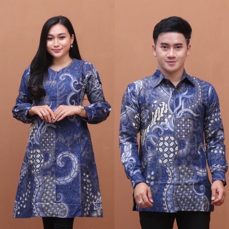 Atasan Tunik Batik Couple Kemeja Batik Pria Lengan Panjang Best Seller Kain Katun - Resleting Biru ALF