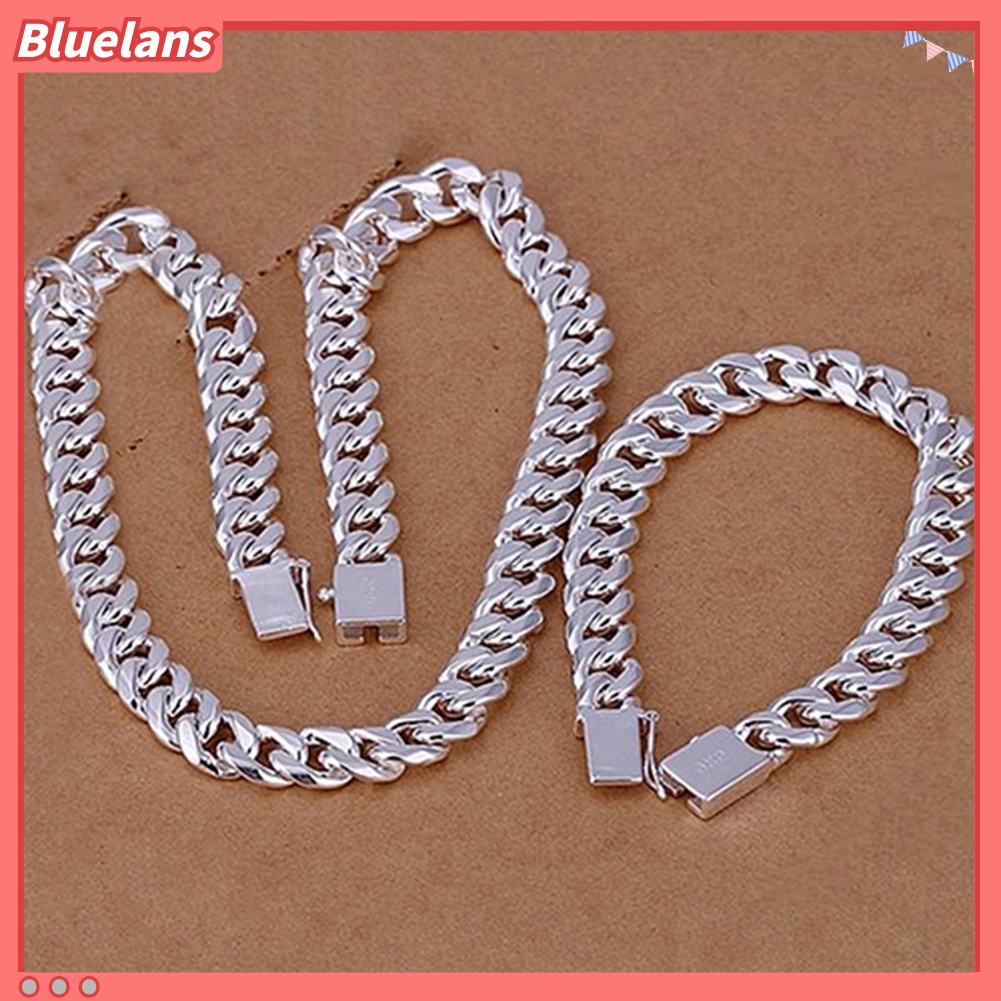 Bluelans Fashion Men 925 Sterling Silver Flat Sideways Necklace Bracelet Jewelry Set