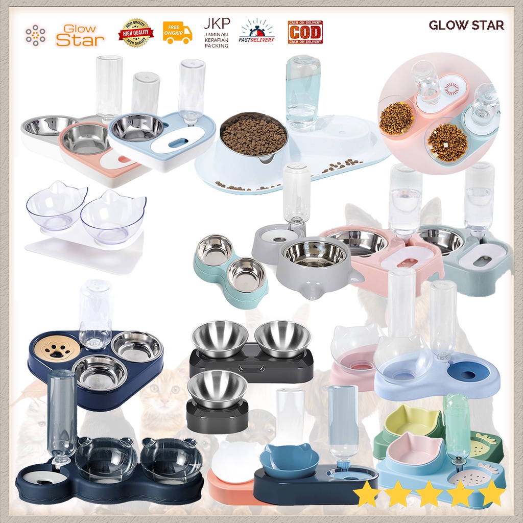 Tempat Wadah Baskom Makan Hewan Peliharaan Kucing Anjing Feeding Dishes Double Bowl Stainless Steel dual Tebal Minum PInk Cute Blue Anti Slip