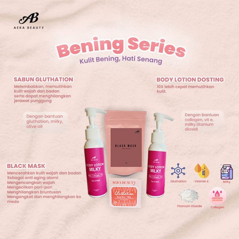 Paket Bening Aera Beauty ,Body Lotion Milky Dosting, Masker, Sabun Gluthation Soap Bar