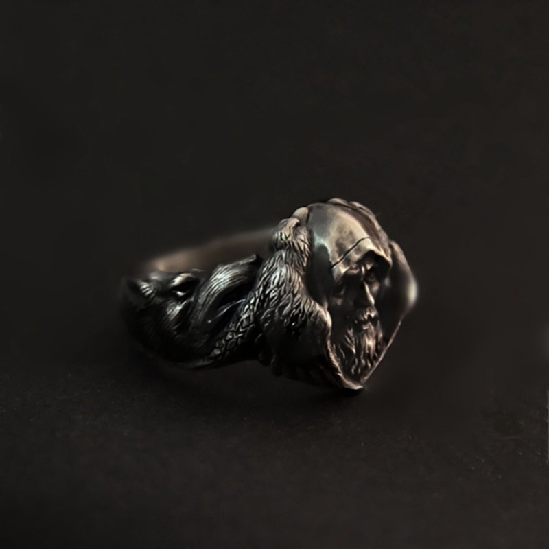 Fancyqube Cincin Desain Serigala Mitologi Odin Raven Bahan Alloy Gaya Vintage Nordic Untuk Pria