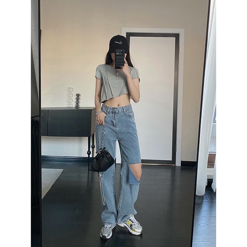 Biru Highwaist Loose Premium Robek Serbaguna Celana Jeans Wanita