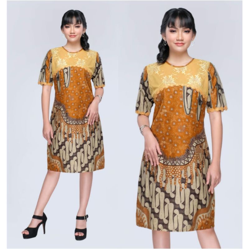 Dress Batik Jumbo Modern 4L-5L Tunik Big Size Kombinasi Brokat XXXL Baju Kerja Wanita SRN